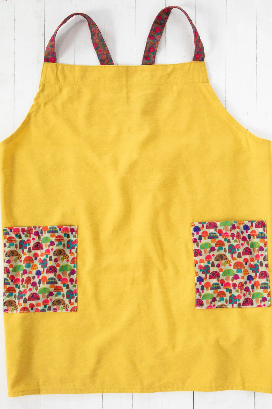 Natural Life Crossback Apron in Yellow with Mushroom Contrast