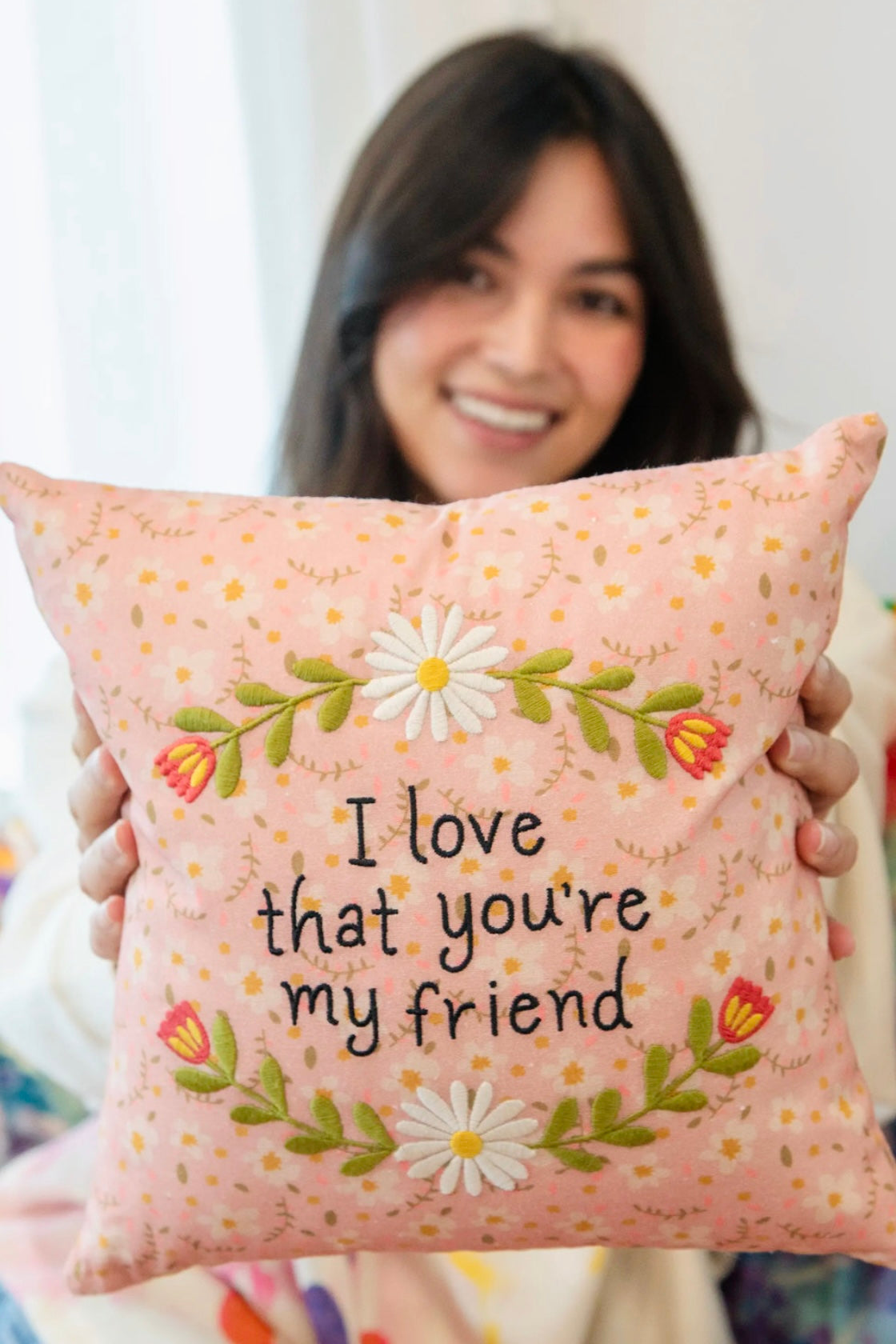 Natural Life Embroidered Giving Pillow- Friends