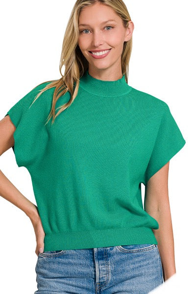 Kelly Green Mock Neck Short Dolman Sleeve Lightweight Sweater Top