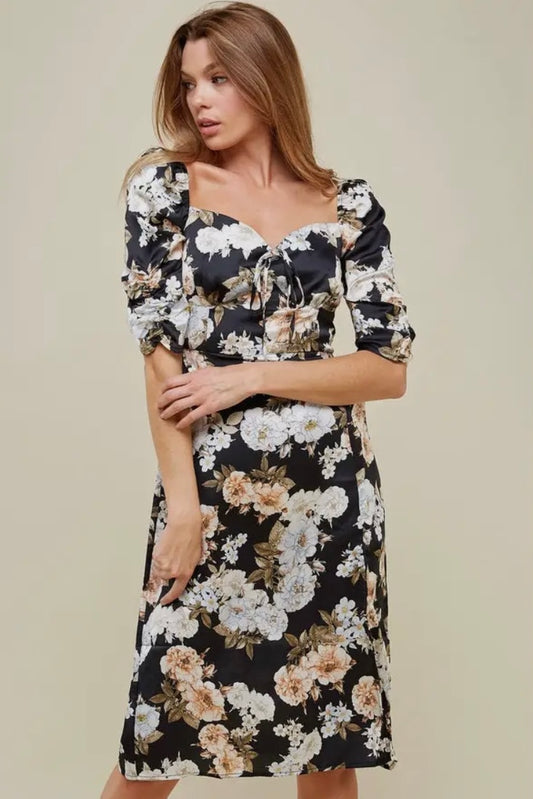 Black Satin Floral Midi Dress with Slit