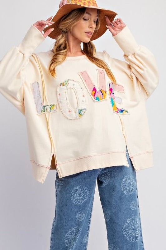 Easel Cream Love Patches Long Sleeve Applique Top