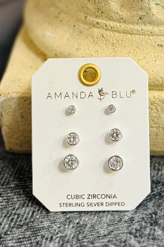 Amanda Blu Silver CZ Stud Earring Trio Set 51174