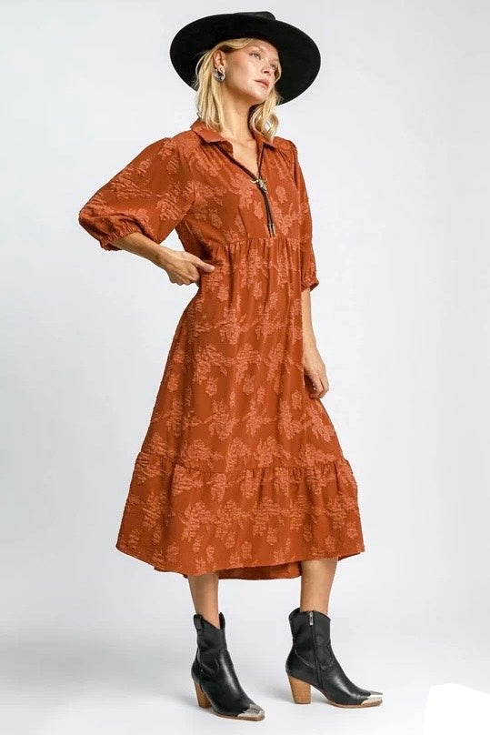 Umgee Rust Floral Burnout Tiered Midi Dress with Collared Neck and 3/4 Sleeves