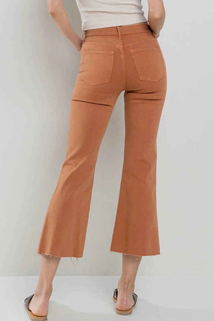 SALE! $25 Burnt Orange High Rise Cropped Kick Flare Jeans with Raw Cut Hem- reg. $46