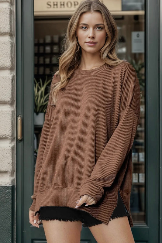 Brown Wave Rib Oversized Stretchy Top with Side Slit