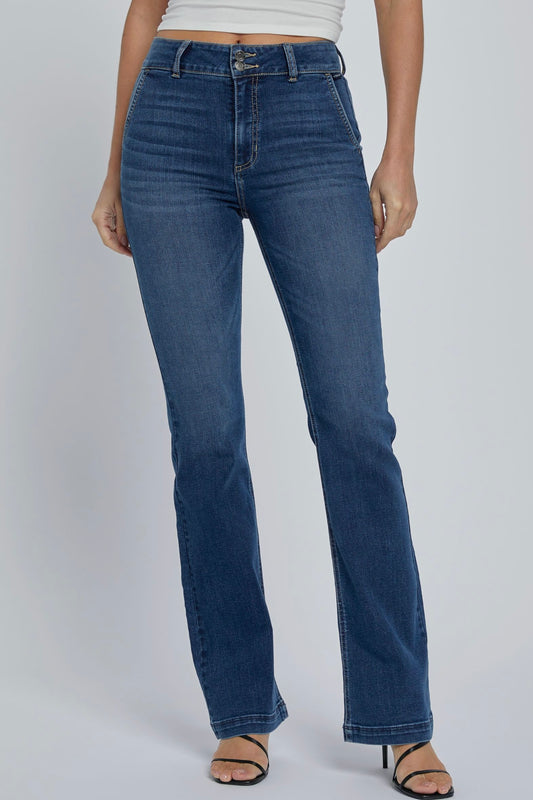 Cello High Rise 2 Button Flare Jeans in Dark Denim