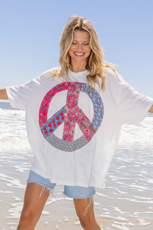 Natural Life Oversized Appliqué Tee Shirt- White with Pink Patchwork Peace Sign