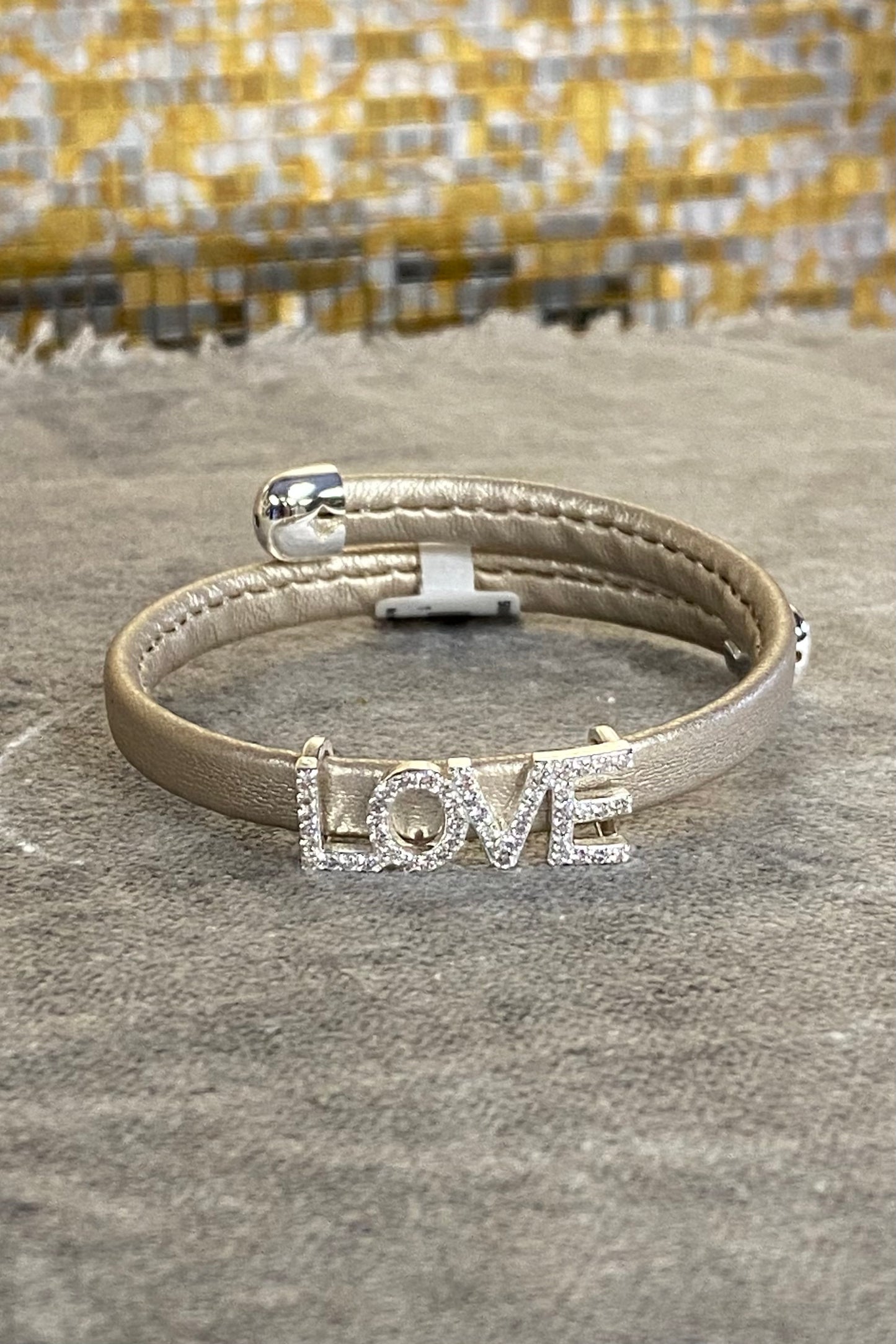 Gold Vegan Leather Wrap Bracelet with Silver Love CZs