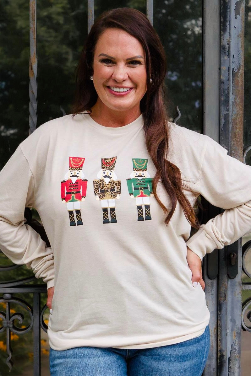 Royal Nutcracker Trio Crew Neck Long Sleeve Tee Shirt in Oatmeal