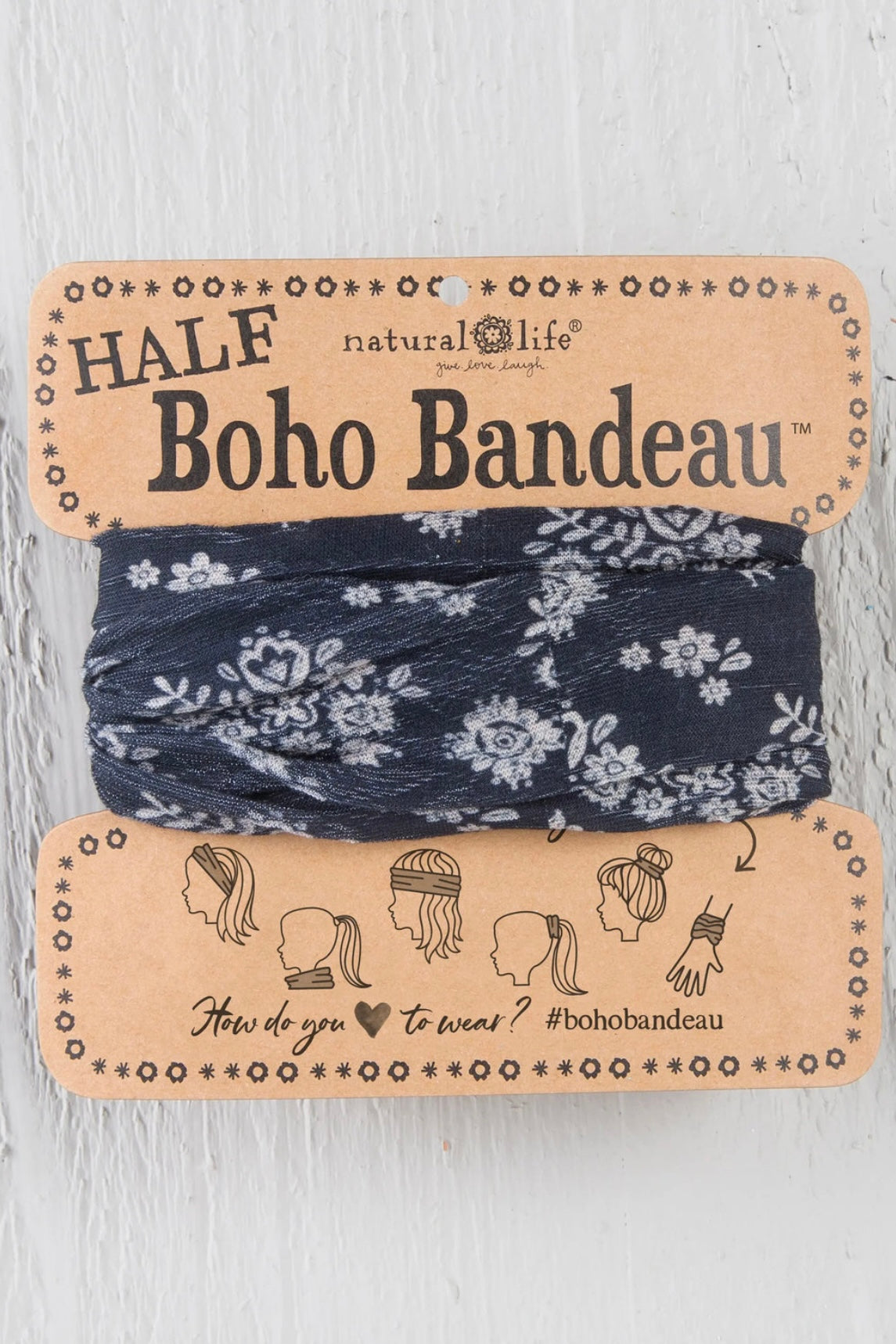 Natural Life Half Boho Bandeau Headband- Black with Cream Floral