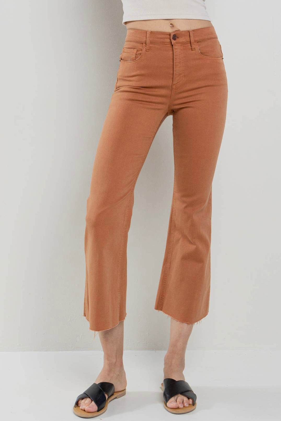 SALE! $25 Burnt Orange High Rise Cropped Kick Flare Jeans with Raw Cut Hem- reg. $46