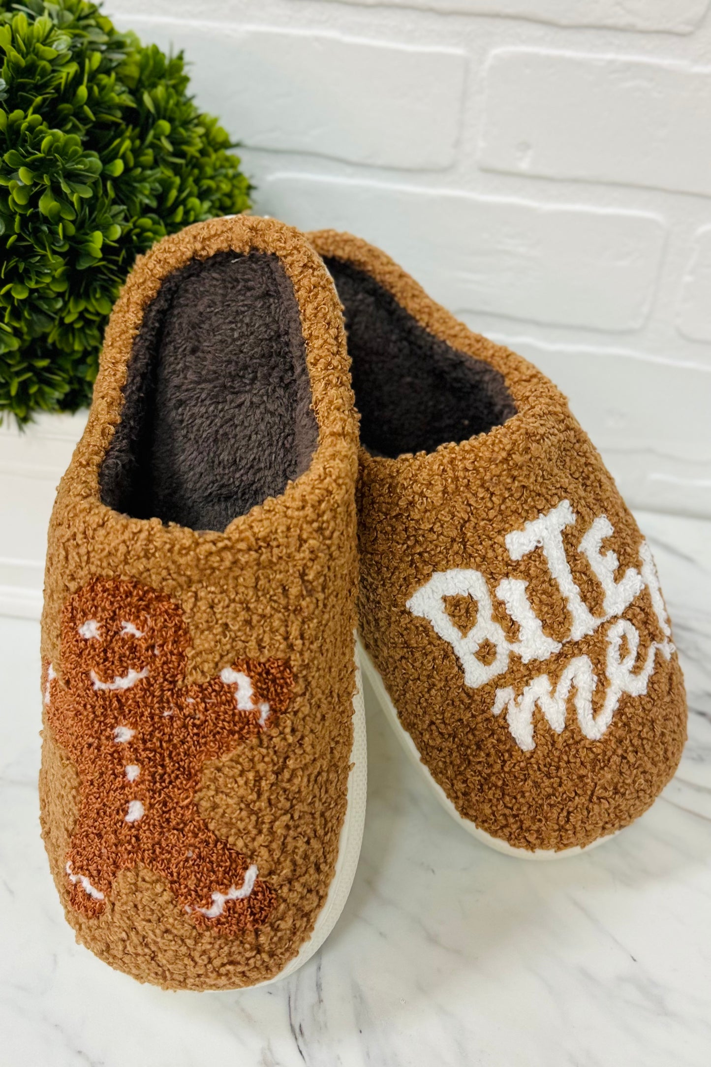 Bite Me Gingerbread Man Super Fuzzy Slipper Slides by Two Left Feet