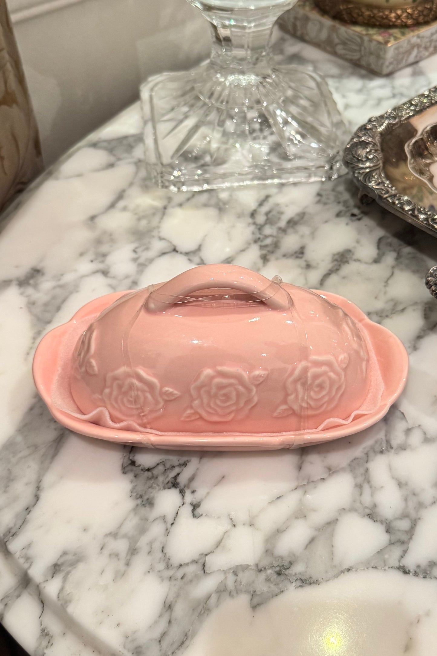 Pink Roses Butter Dish