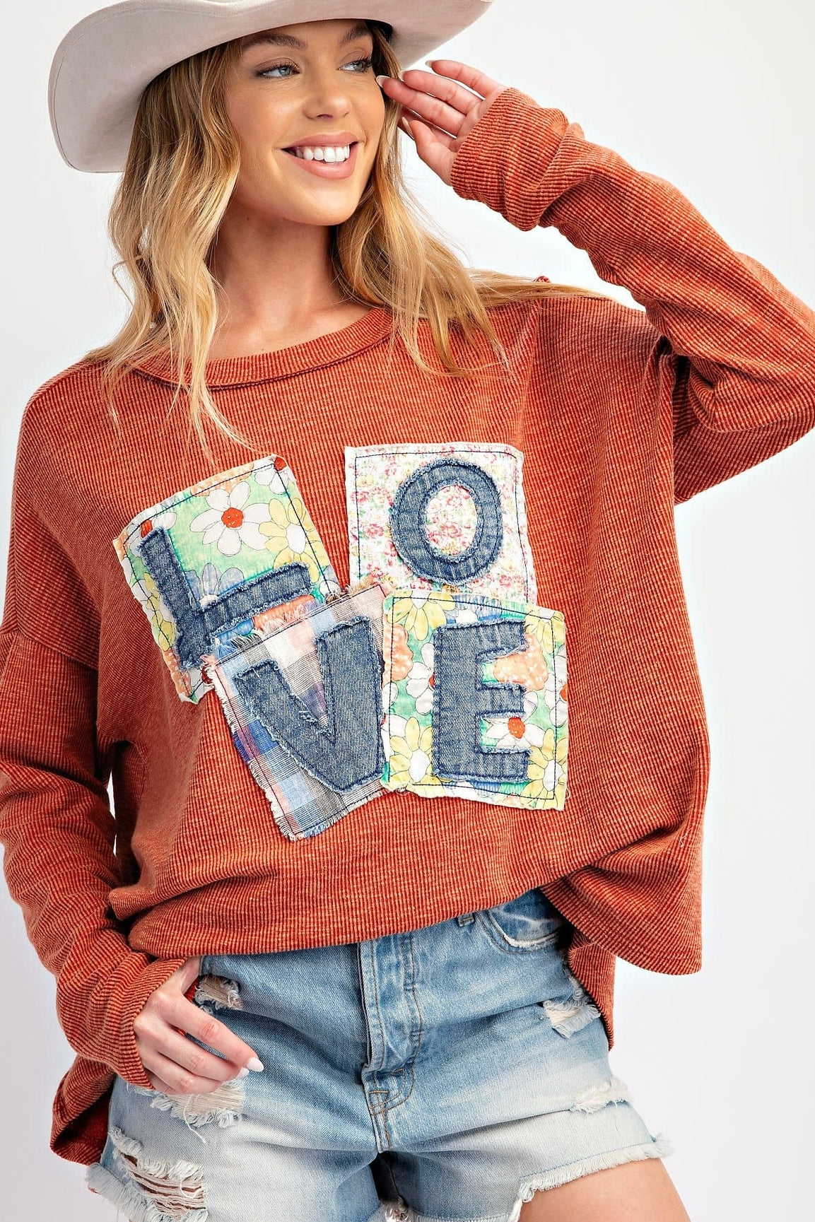 Easel Brick Red Love Patches Long Sleeve Applique Ribbed Top