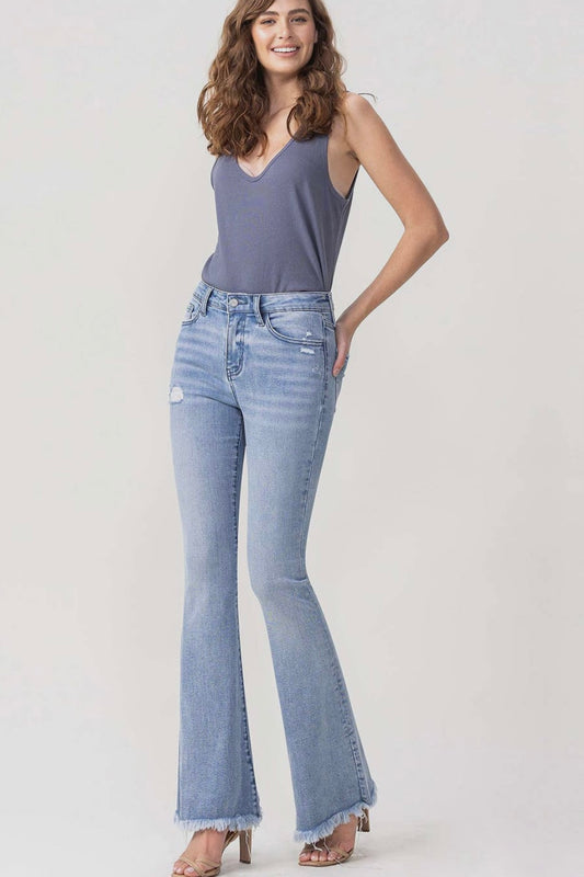 High Rise Stretch Slim Flare Fray Hem Jean in Light Denim