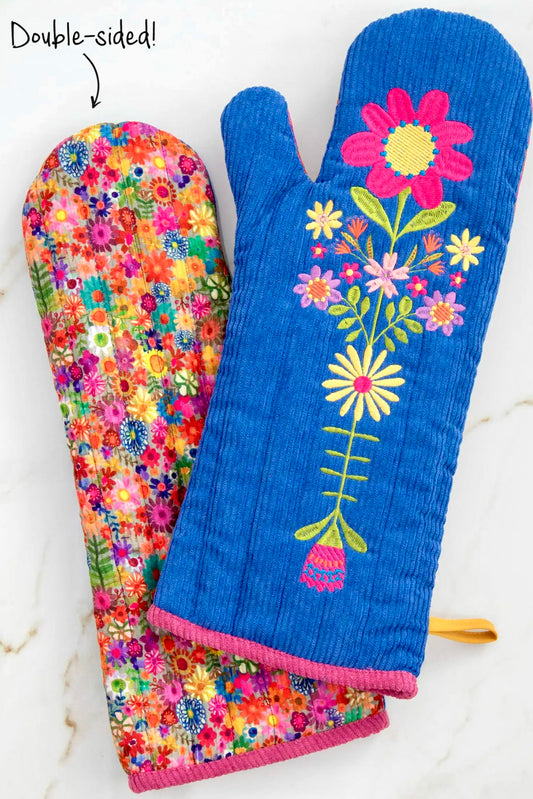 Natural Life Bake Happy Quilted Oven Mitt in Blue with Embroidered Flower Contrast