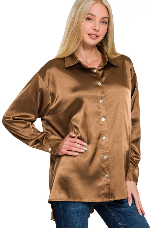 Zenana Bronze Satin Button Down Blouse