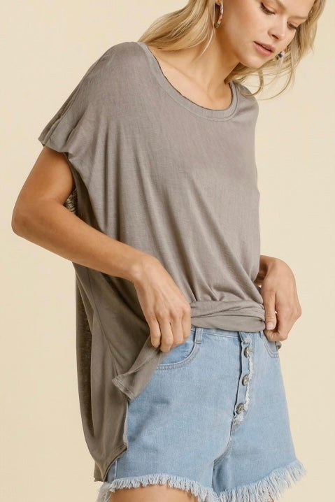 Short Sheer Dolman Sleeve Scoop Neck Oversized Top in Gray