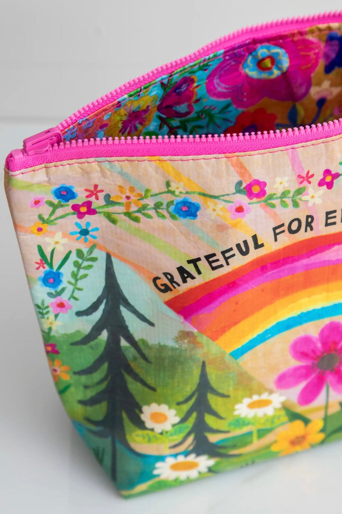 Natural Life Reversible Recycled Zippered Pouch- Grateful For Everything