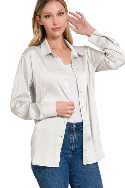 Bone Satin Button Down Blouse