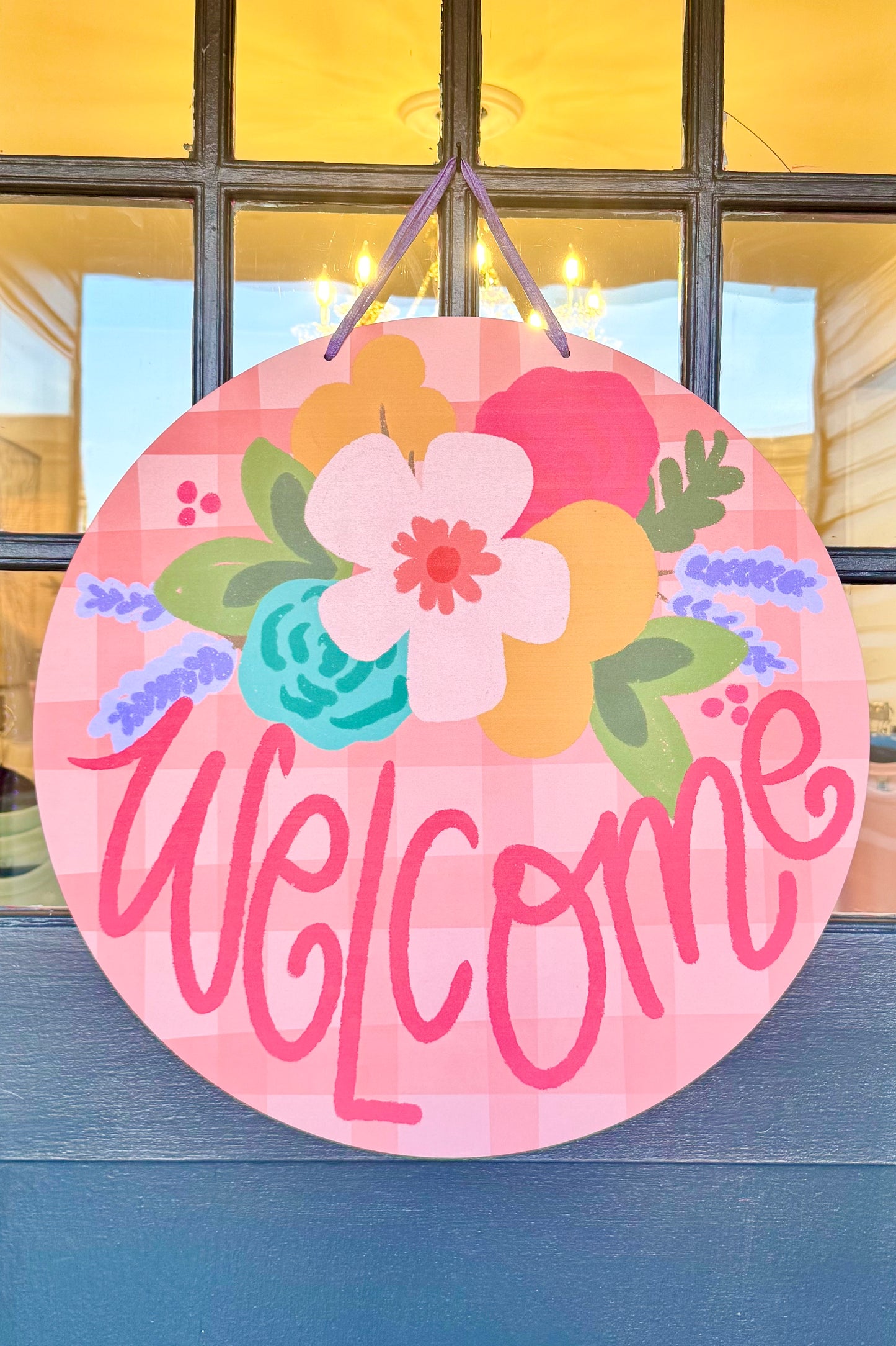 Welcome Pink Plaid Doorhanger