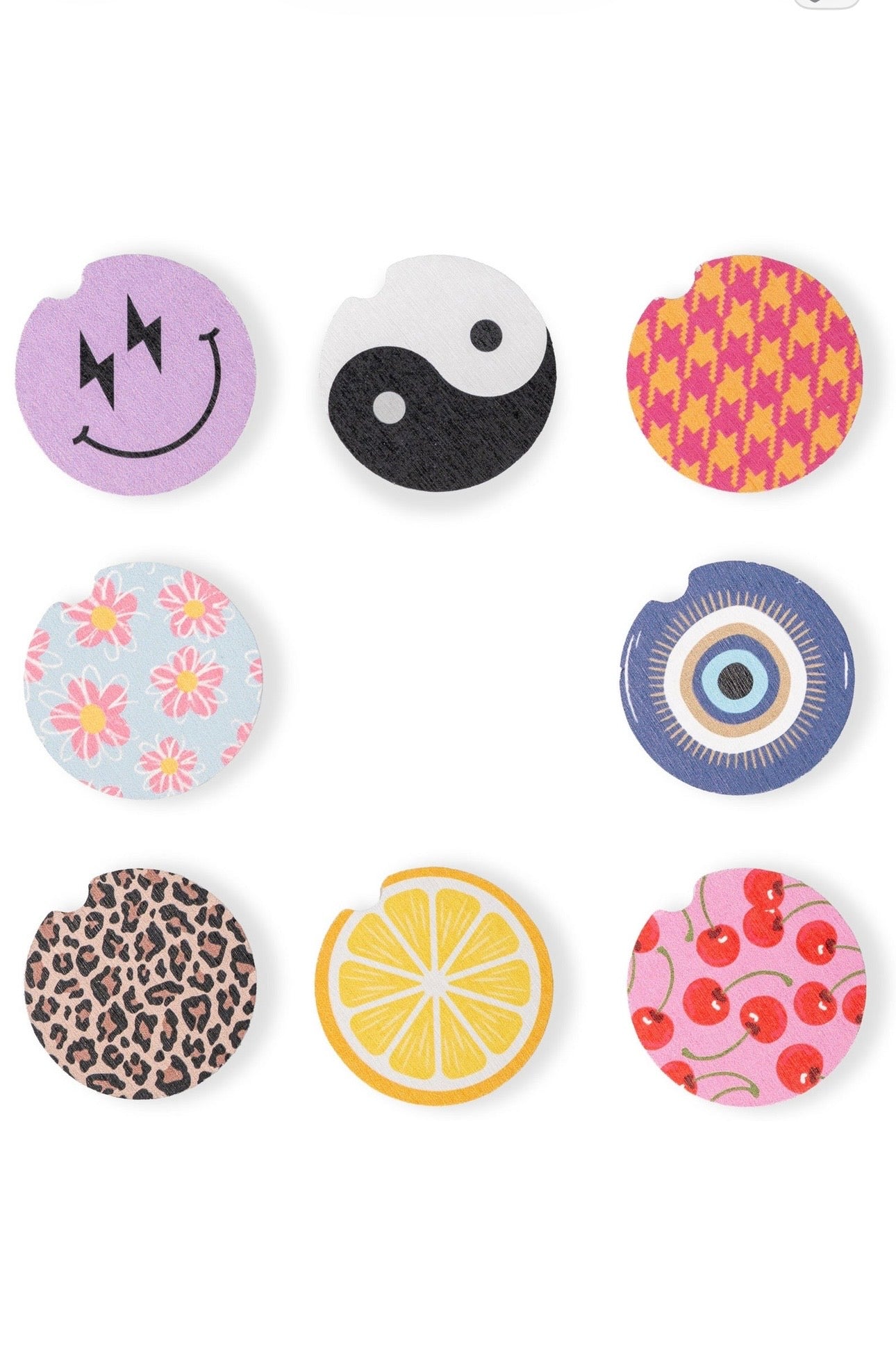 Set of colorful round car coasters with various designs on a white background