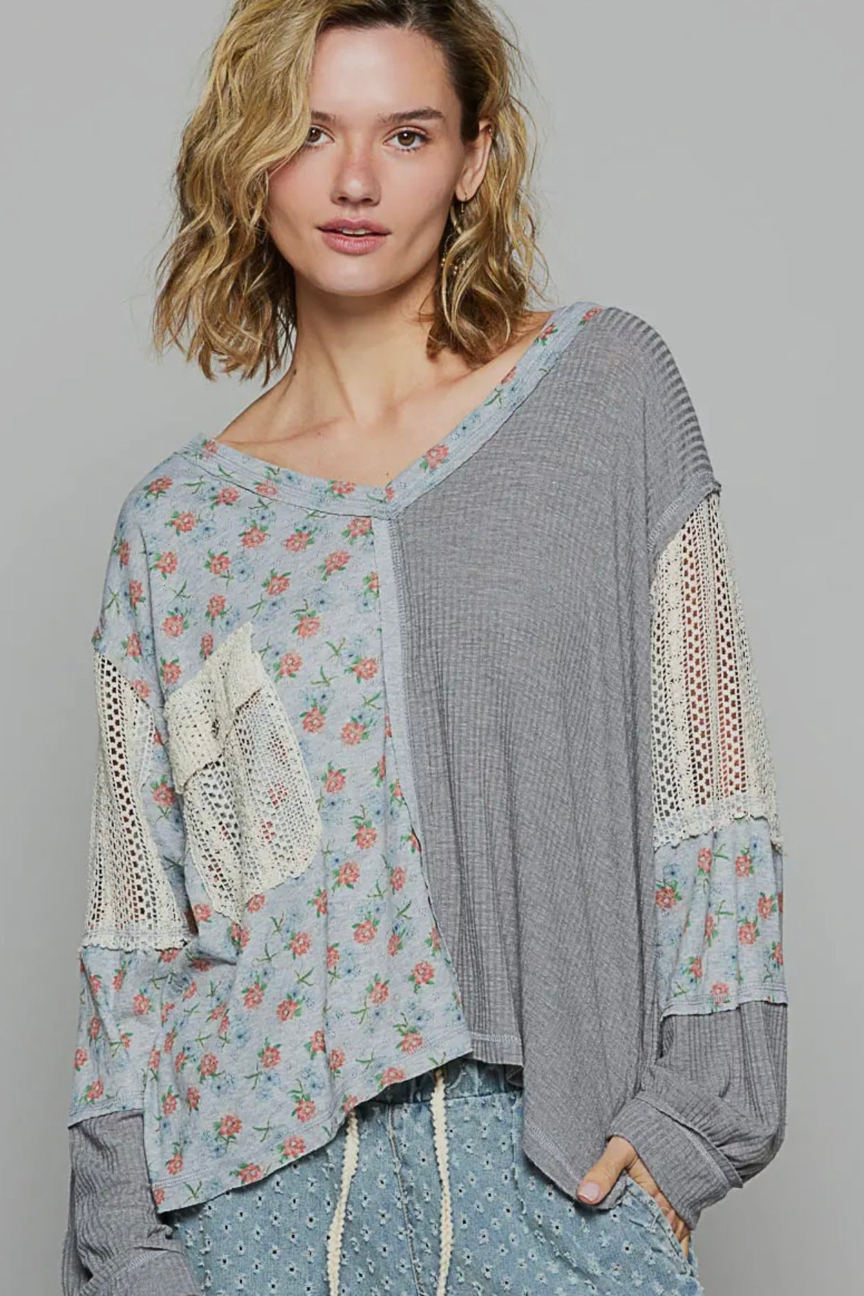 Gray Patchwork Crochet Accent Light Weight Long Sleeve Top by POL