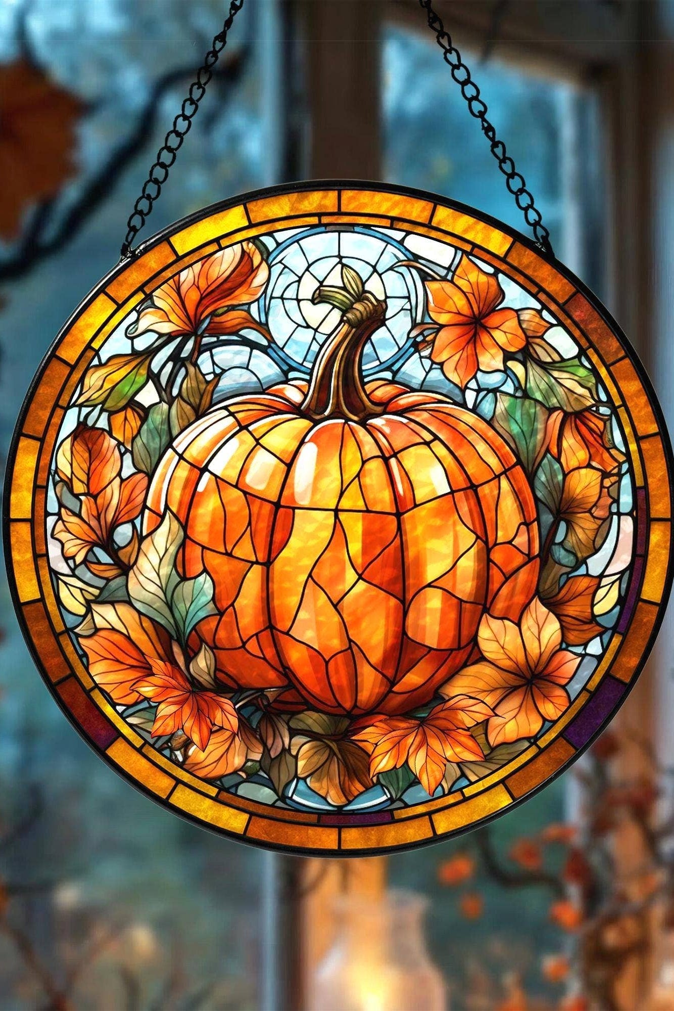 Stained glass panel with a pumpkin design, hanging against a blurred autumn background.