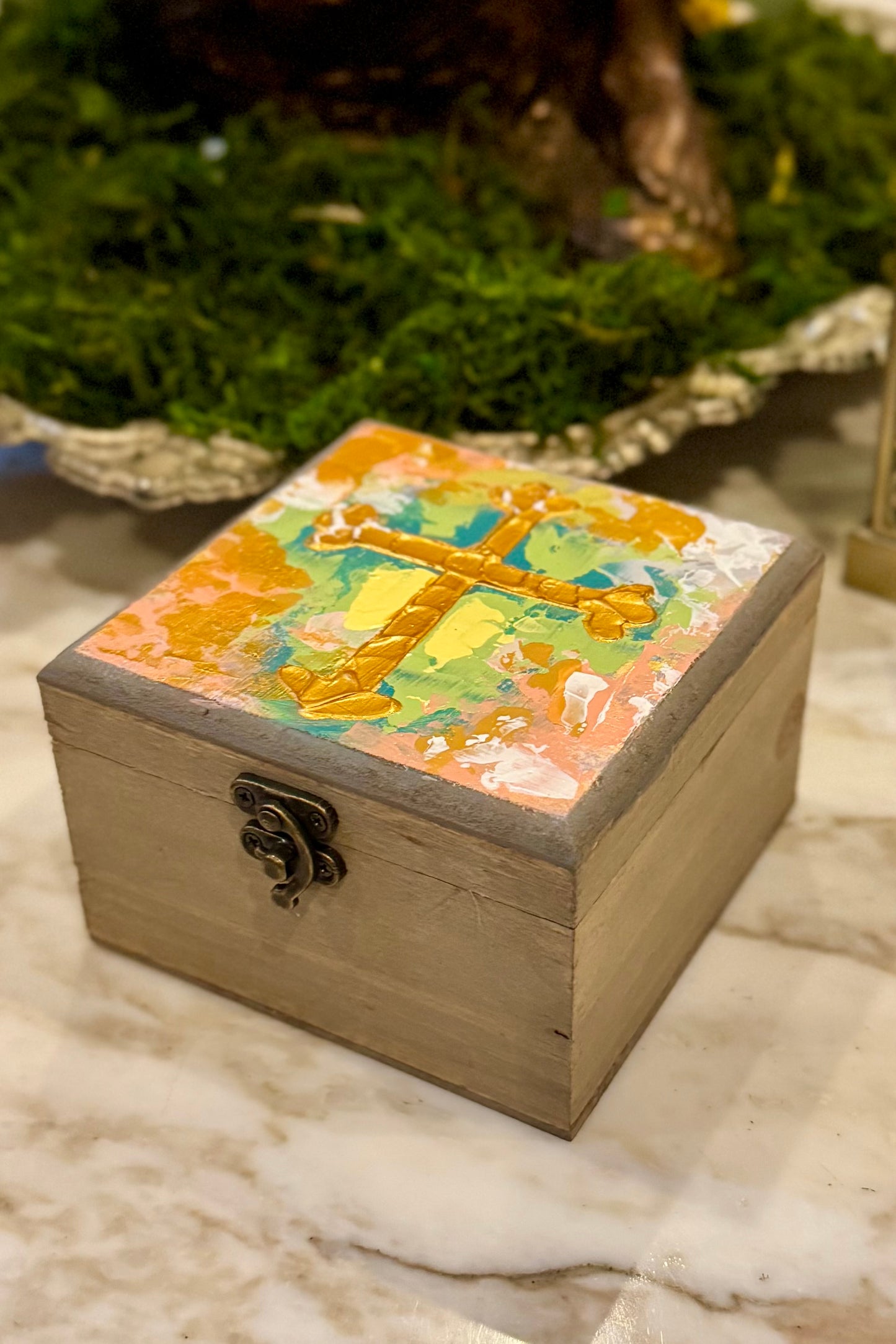 Golden Cross Wood Box (Coral) by Candice Boatright