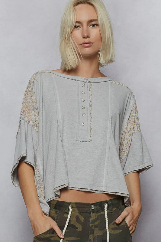 Heather Gray Short Sleeve Patchwork Top by POL