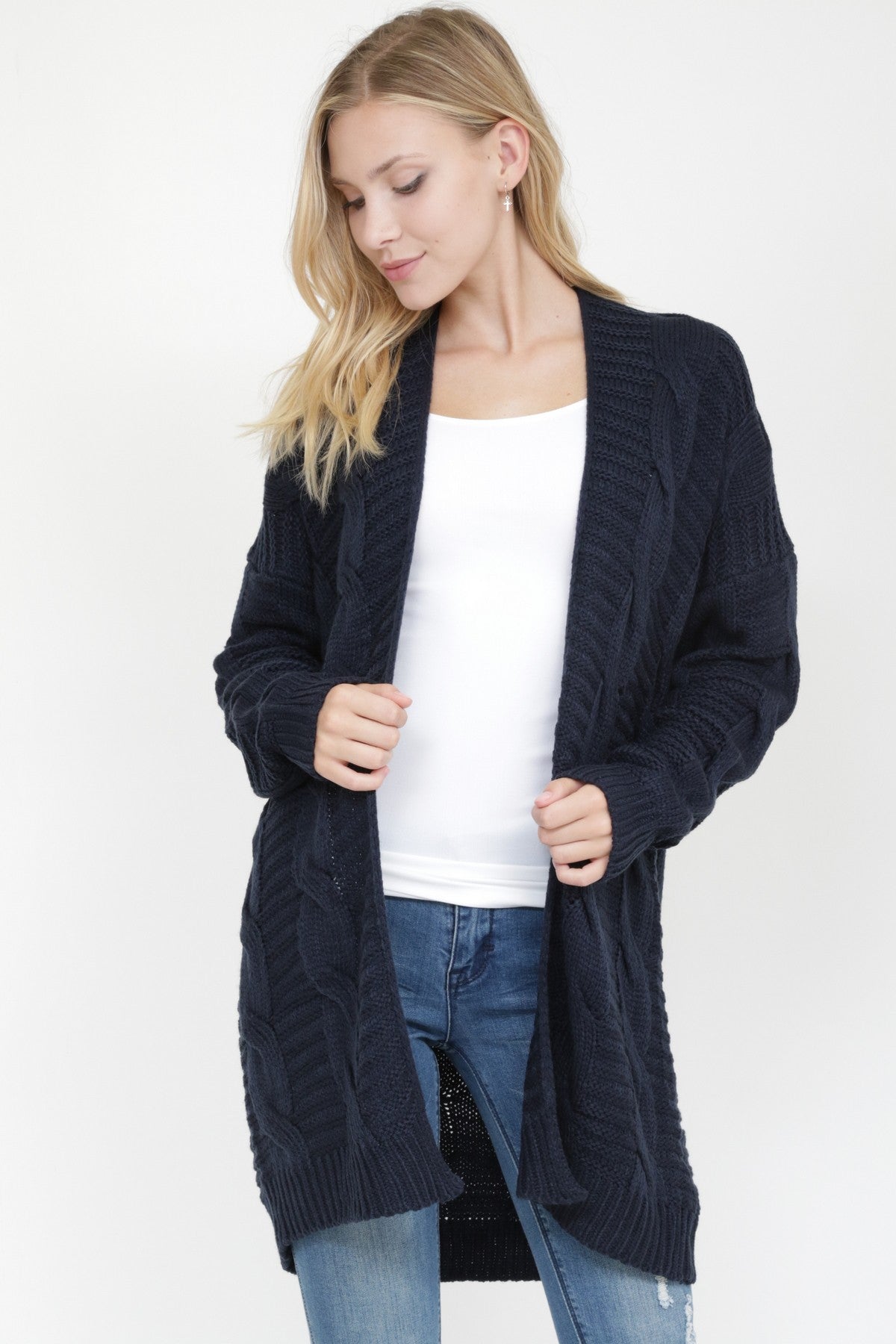 Navy Cableknit Long Cardigan