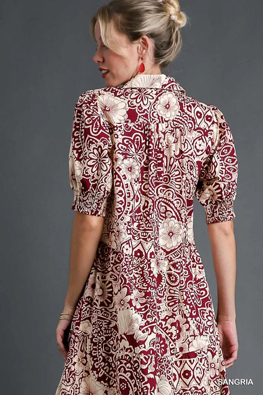umgee collared tiered midi dress Umgee - K9030/WK9030 Camel Mix Floral Abstract Print Collared Tiered Midi Dress