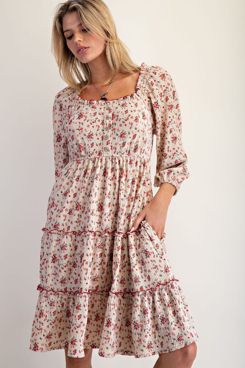 Easel Floral Crinkle Velvet Dress with Pockets