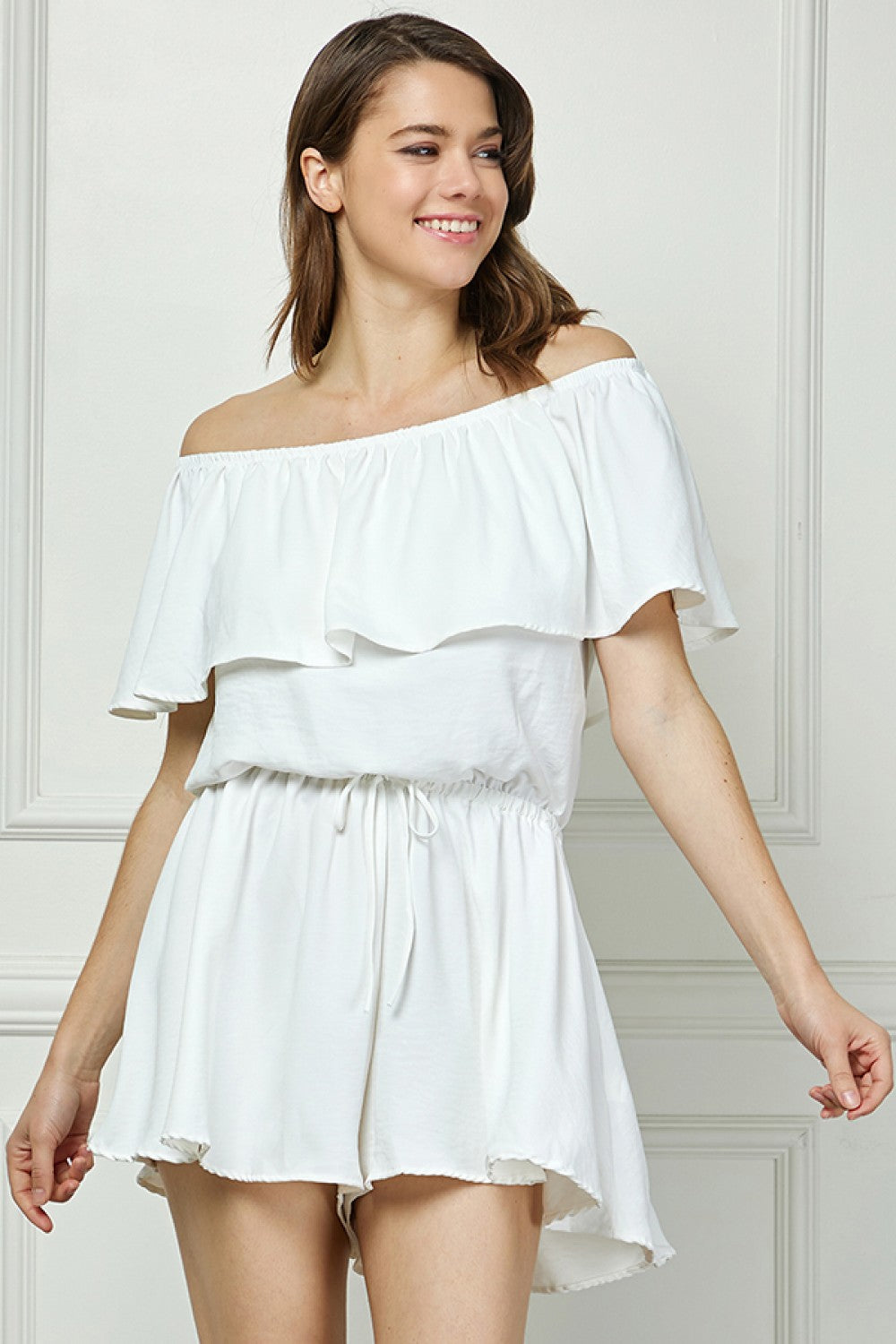 White Off Shoulder Ruffle Collar Romper