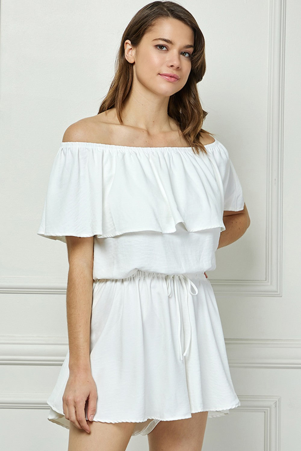 White Off Shoulder Ruffle Collar Romper