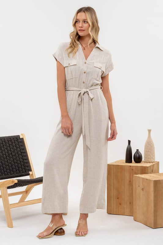 Oatmeal Short Sleeve Linen Blend Jumpsuit