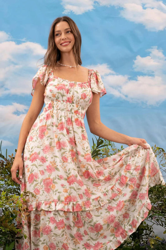 Pink Multi Floral Flutter Ruffle Sleeve Tiered Midi Dress