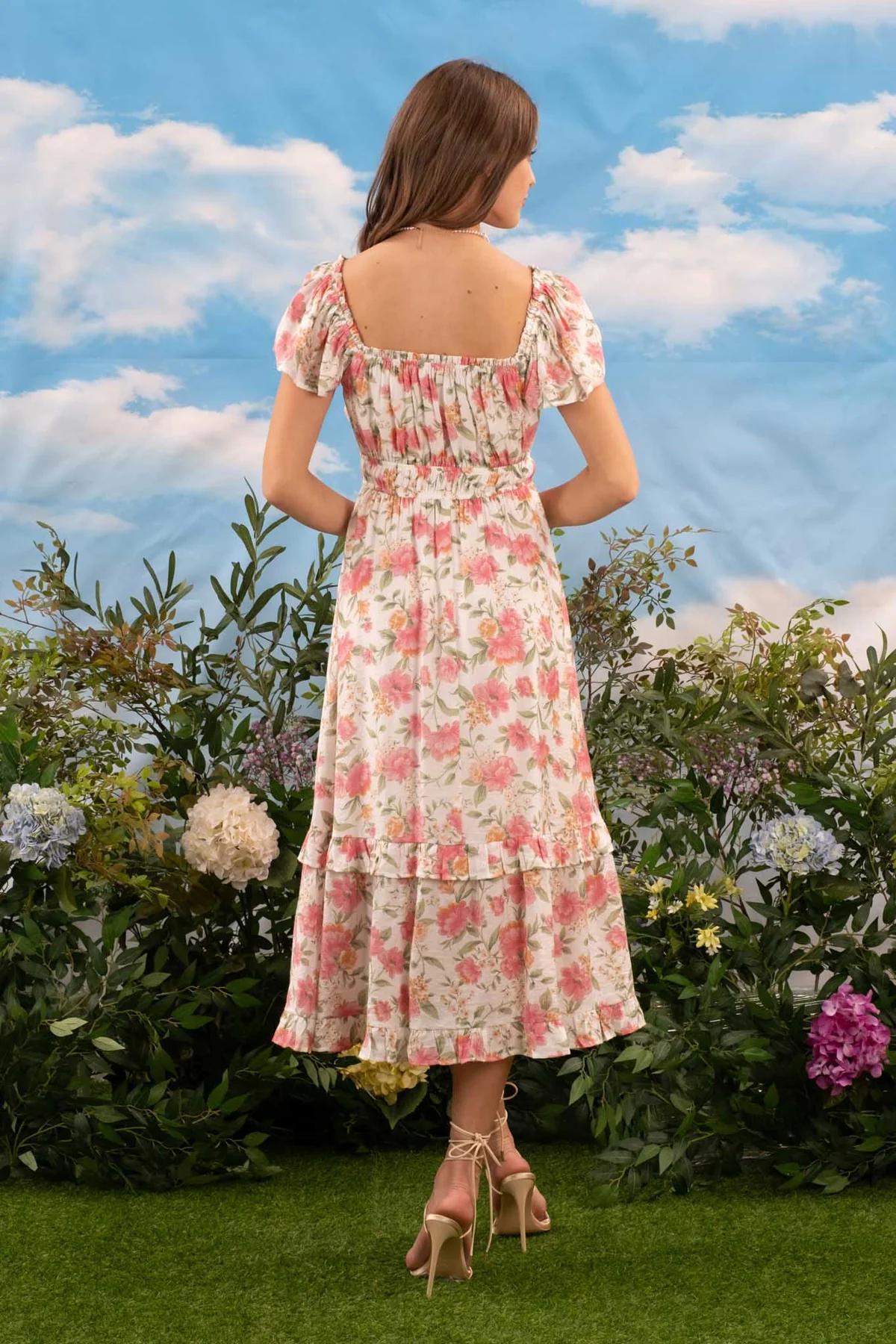 Pink Multi Floral Flutter Ruffle Sleeve Tiered Midi Dress