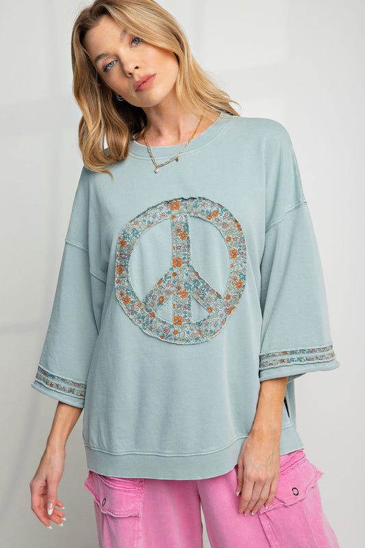 Easel Cielo Blue Peace Sign Patch Applique Top