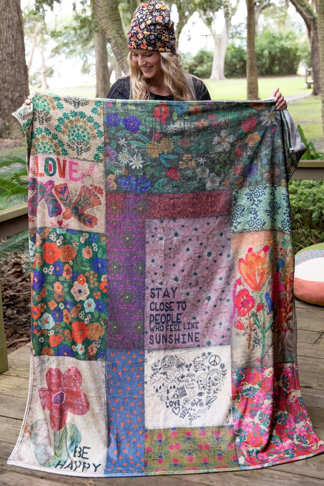 Natural Life Double Sided Cozy Throw Blanket- Patchwork Be Happy