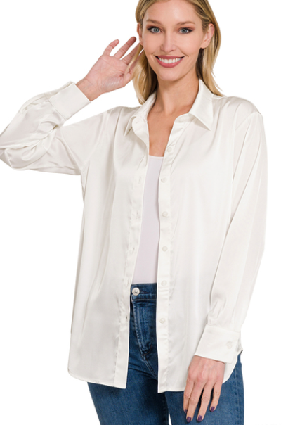 Ivory Satin Button Down Blouse