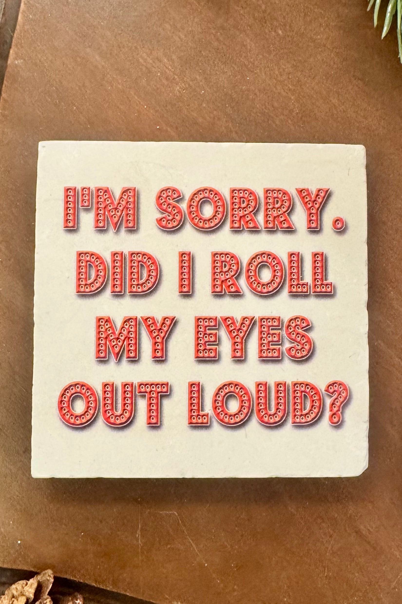 Text card with 'I'm sorry. Did I roll my eyes out loud?' on a brown background