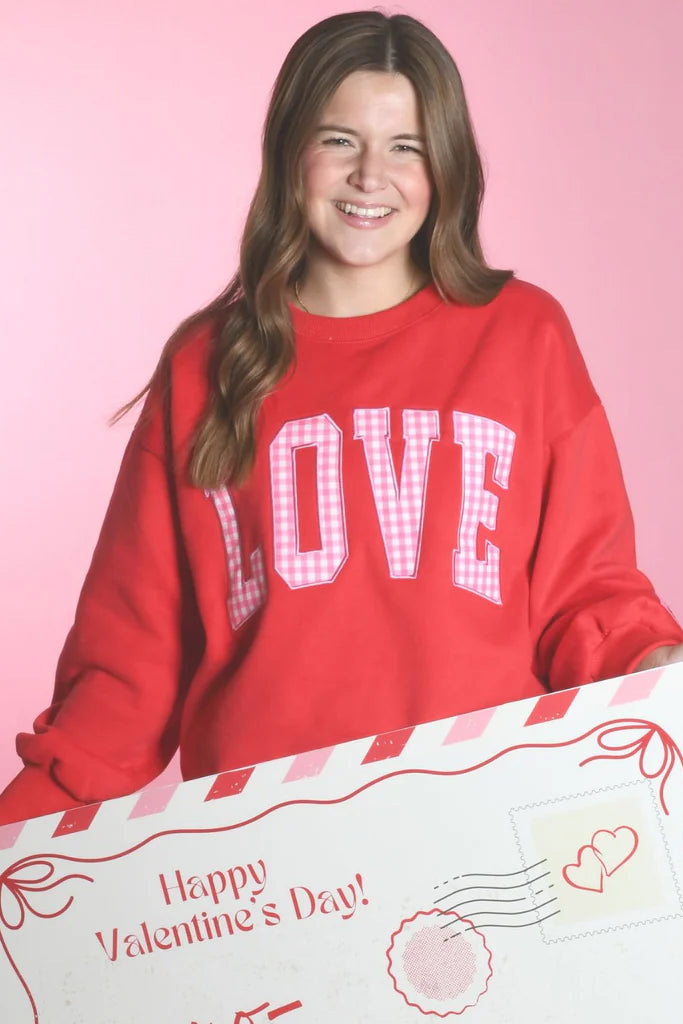 gIRL IN LULU MAC Sweatshirt- Red with Pink Gingham LOVE