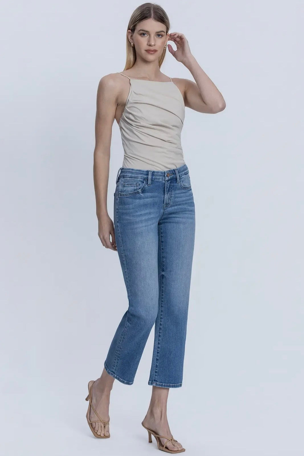 Lovervet Mid Rise Comfort Stretch Straight Leg Cropped Jean in Medium Denim- 28" inseam