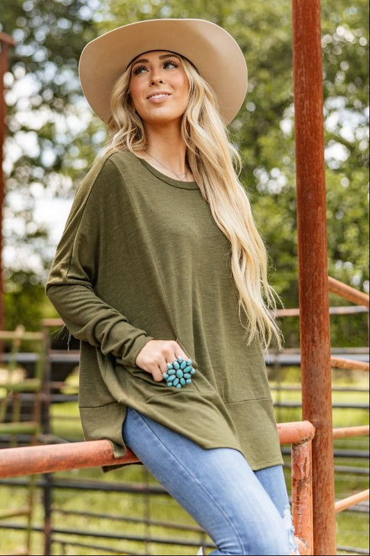 Andree Olive Green Flowy Top with Pockets