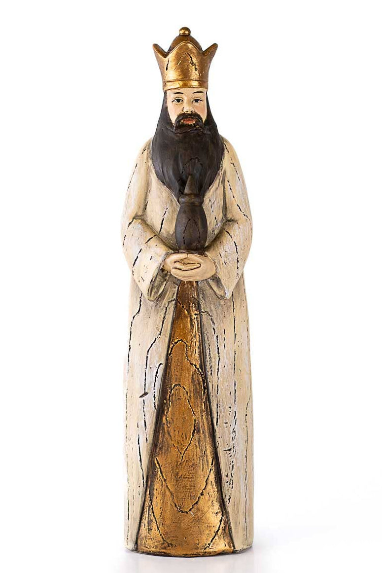 Statue of a robed figure with a crown on a white background