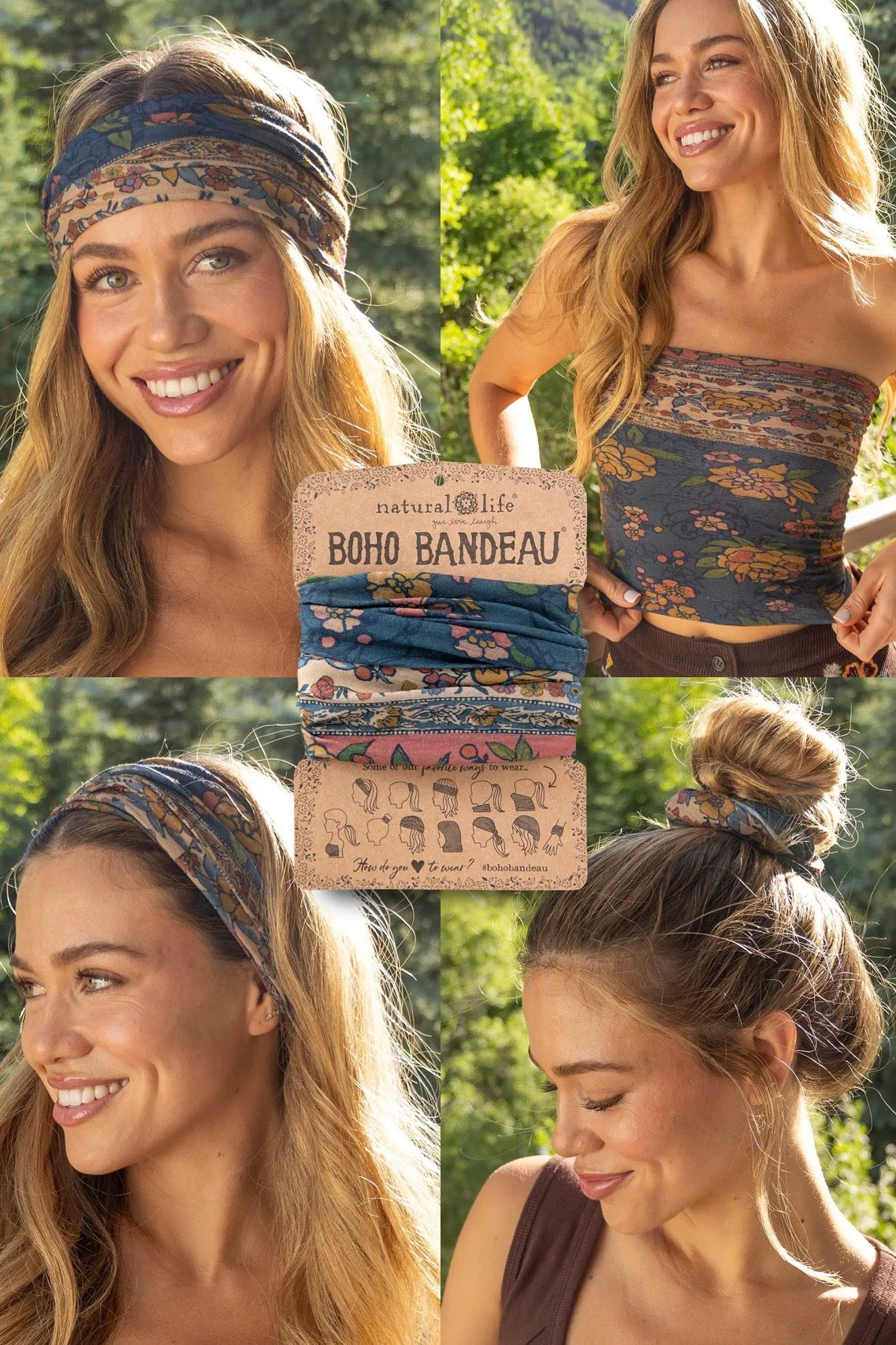 A collage showing a woman outdoors wearing a boho bandeau headband, a matching bandeau top, and a matching hair tie, with a central product display card labeled 'natural life BOHO BANDEAU'.