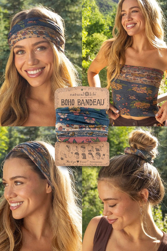 A collage showing a woman outdoors wearing a boho bandeau headband, a matching bandeau top, and a matching hair tie, with a central product display card labeled 'natural life BOHO BANDEAU'.