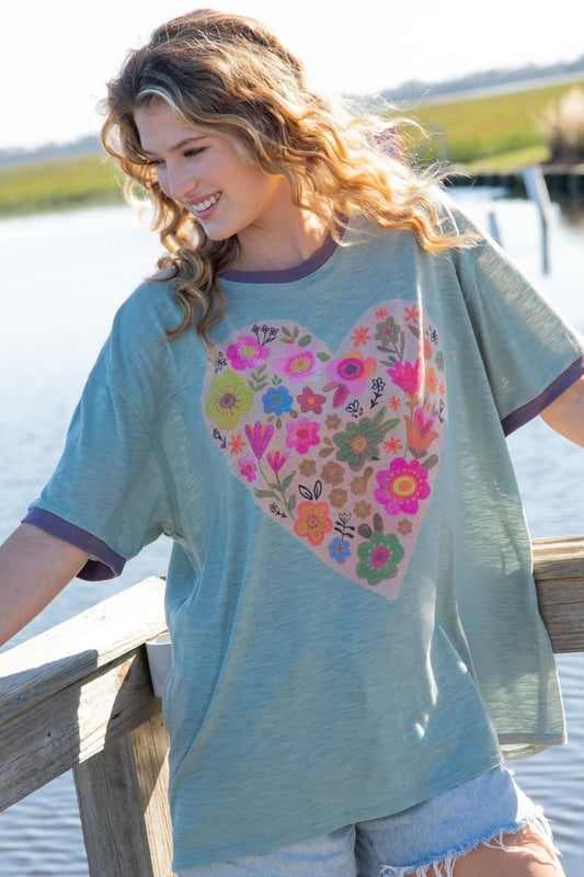 Natural Life Ringer Oversized Tee Shirt- Heart