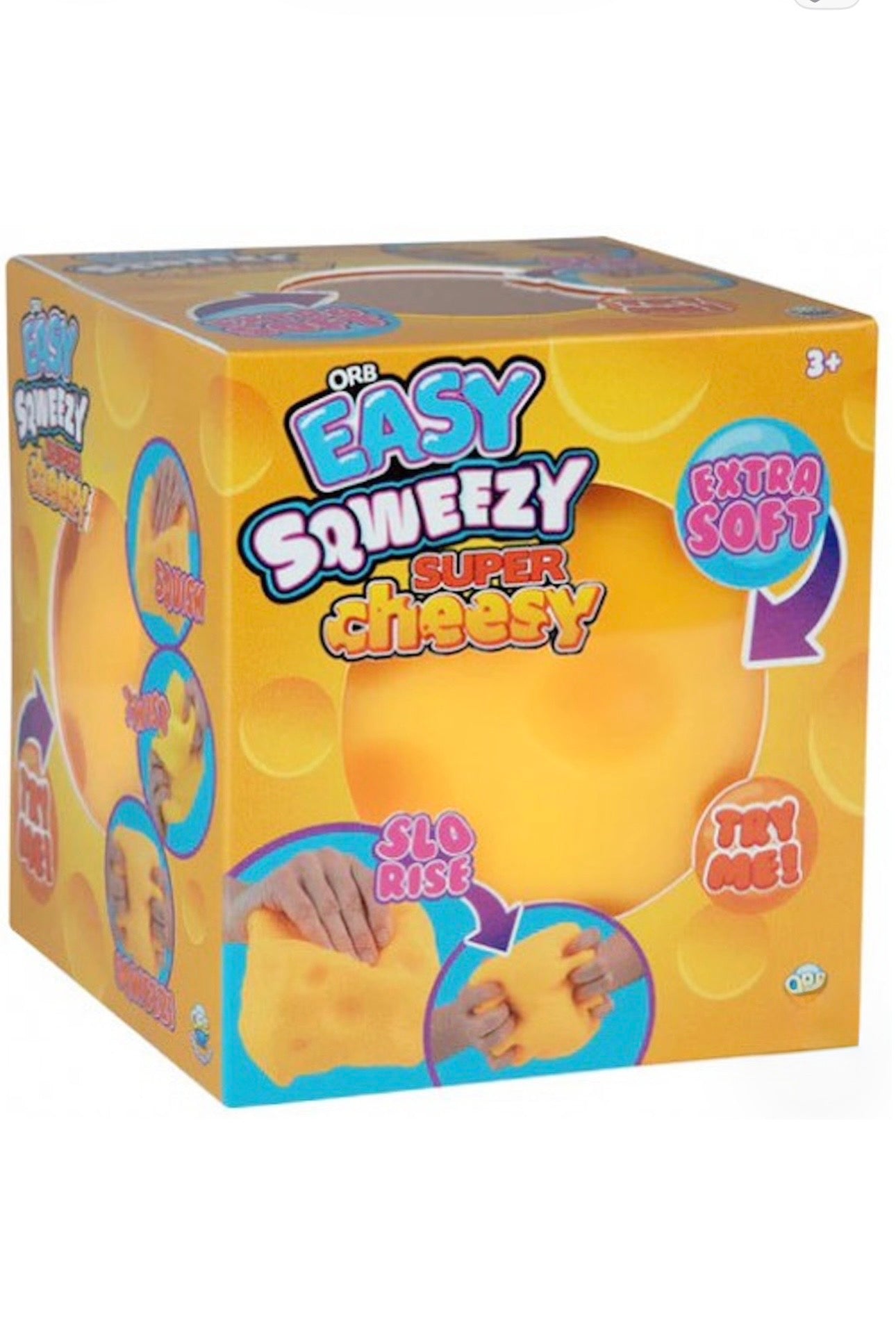 A box of 'One Easy Squeezzy Super Cheesy' toy, featuring a bright yellow and orange design with illustrations of hands squeezing the soft cheese-like toy.